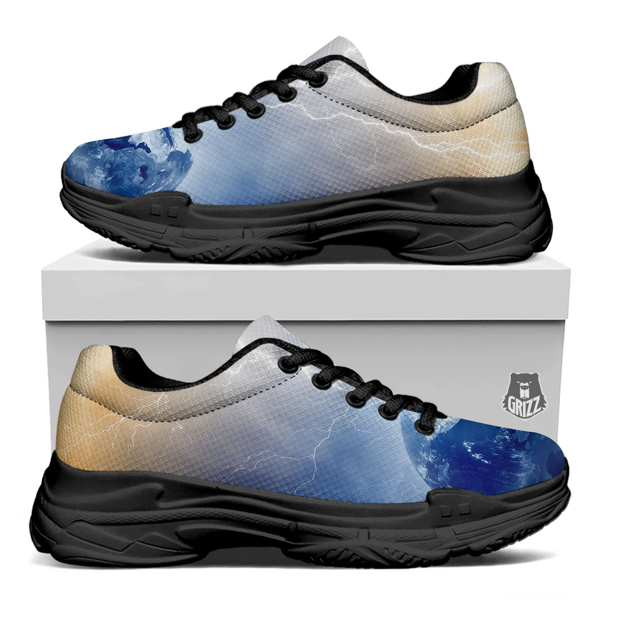 Lightning Destroy Planet Earth Print Black Chunky Shoes-grizzshop