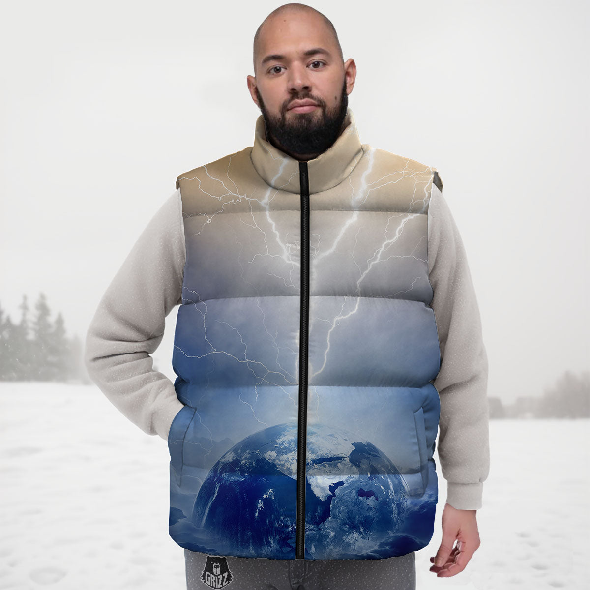 Lightning Destroy Planet Earth Print Down Vest-grizzshop