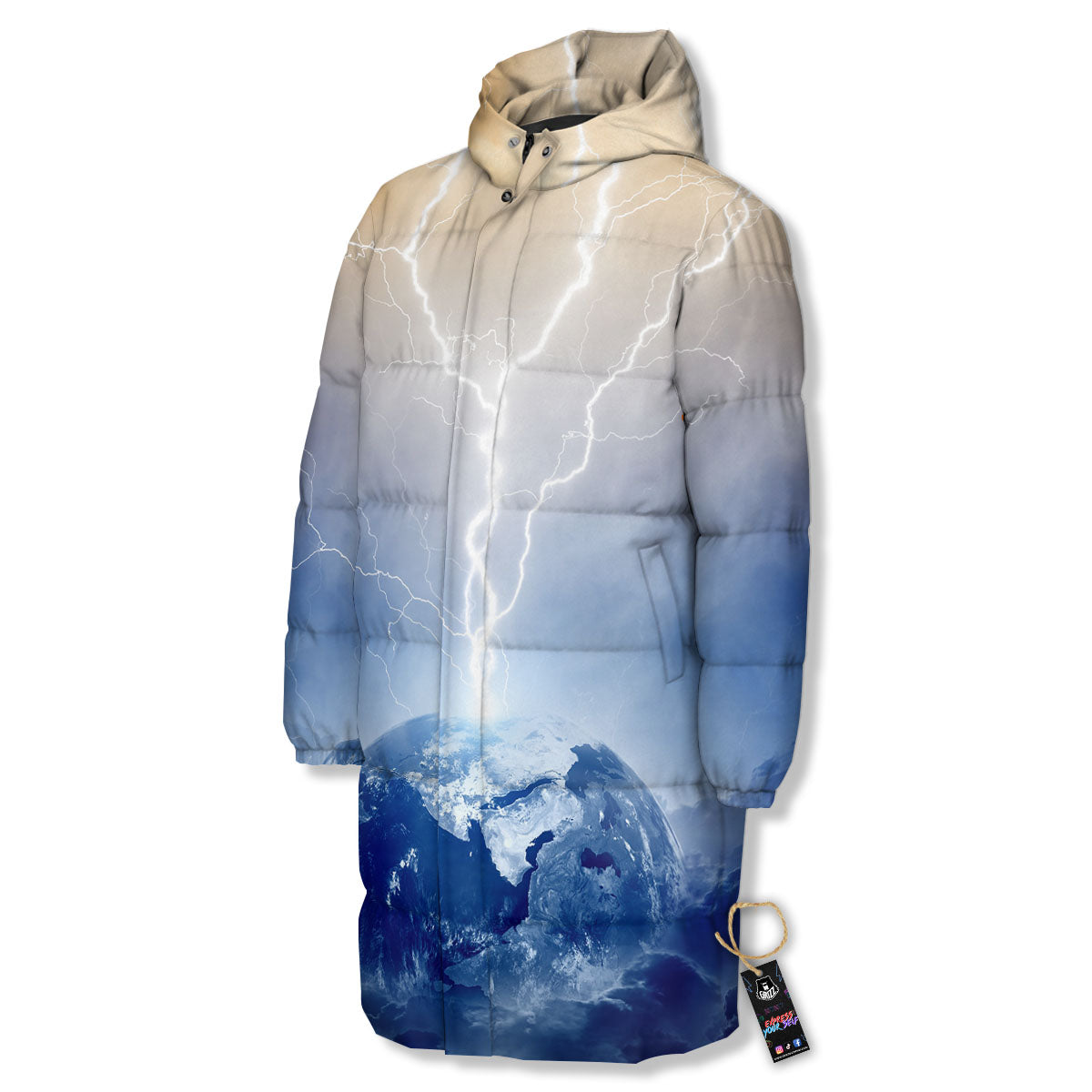 Lightning Destroy Planet Earth Print Long Down Jacket-grizzshop