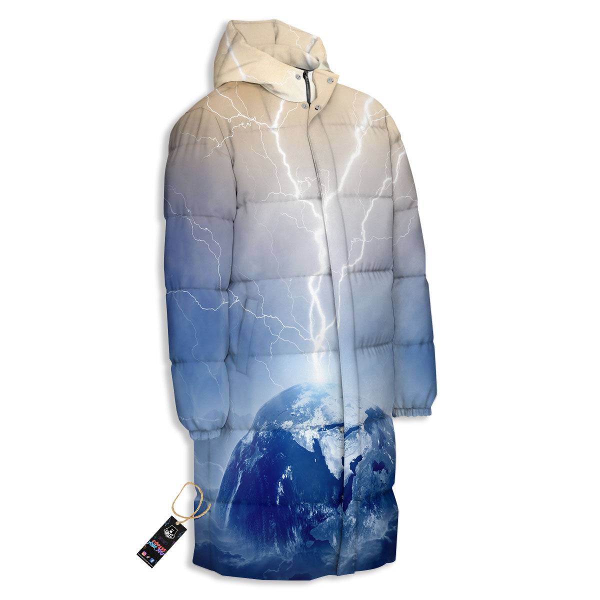Lightning Destroy Planet Earth Print Long Down Jacket-grizzshop