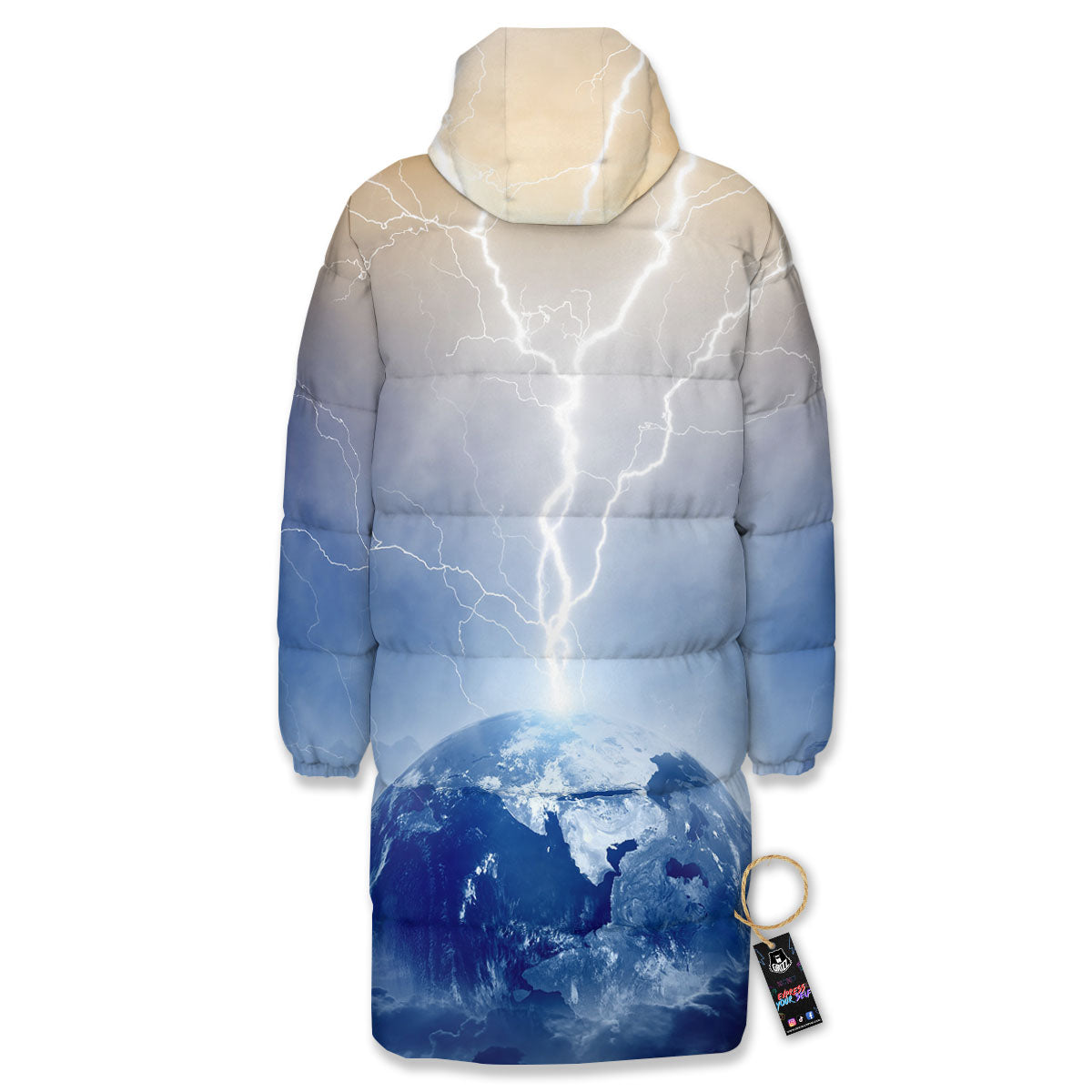 Lightning Destroy Planet Earth Print Long Down Jacket-grizzshop
