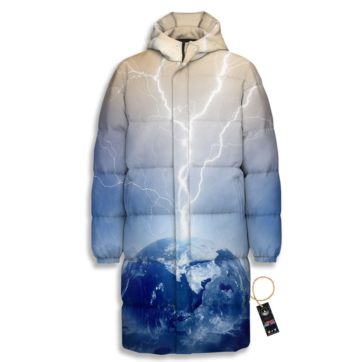 Lightning Destroy Planet Earth Print Long Down Jacket-grizzshop