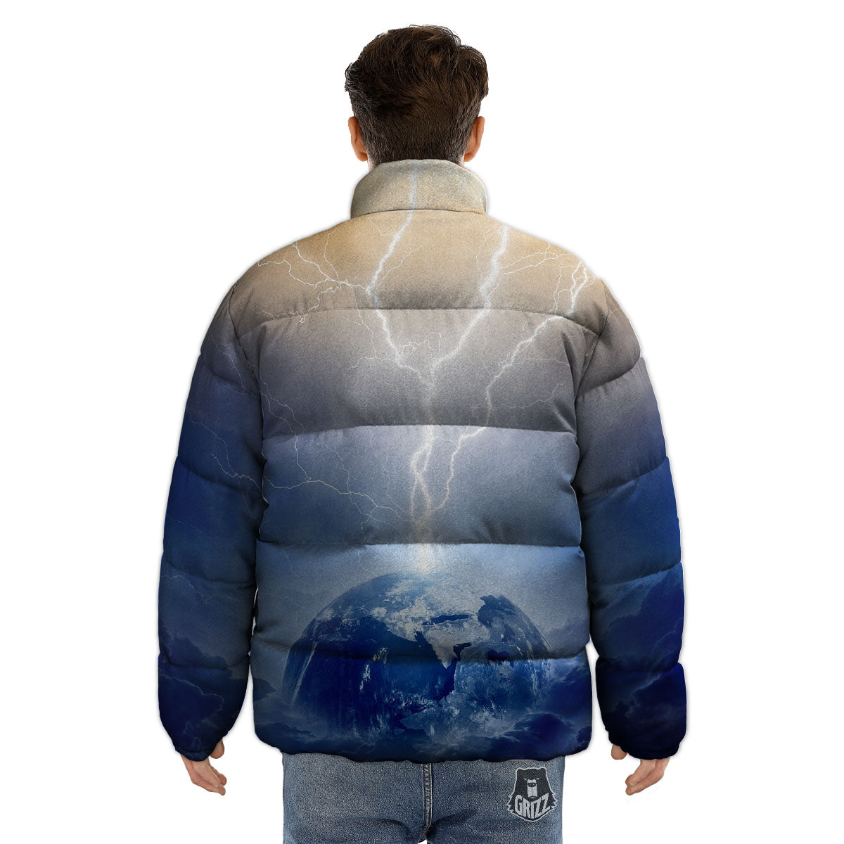 Lightning Destroy Planet Earth Print Puffer Jacket-grizzshop