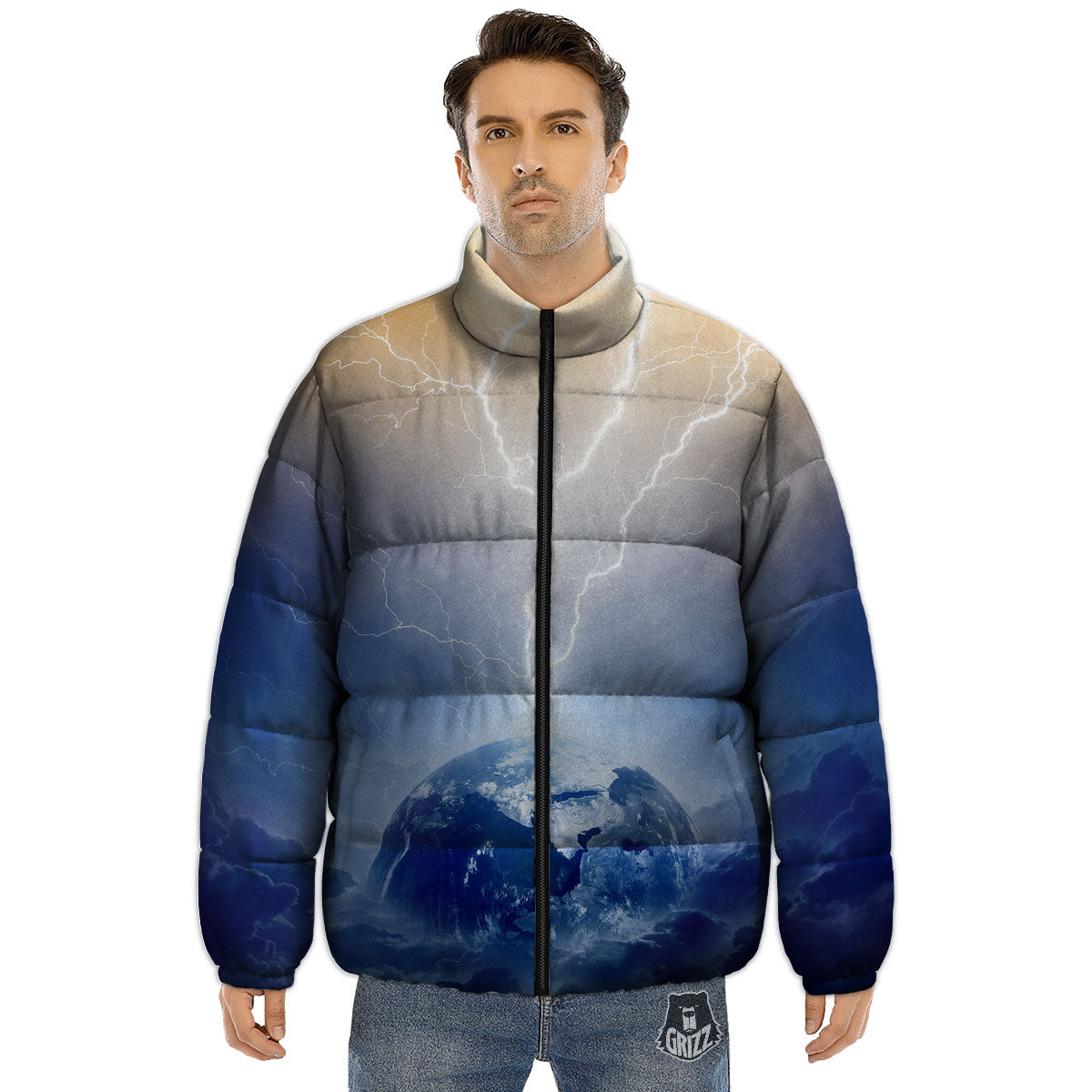 Lightning Destroy Planet Earth Print Puffer Jacket-grizzshop