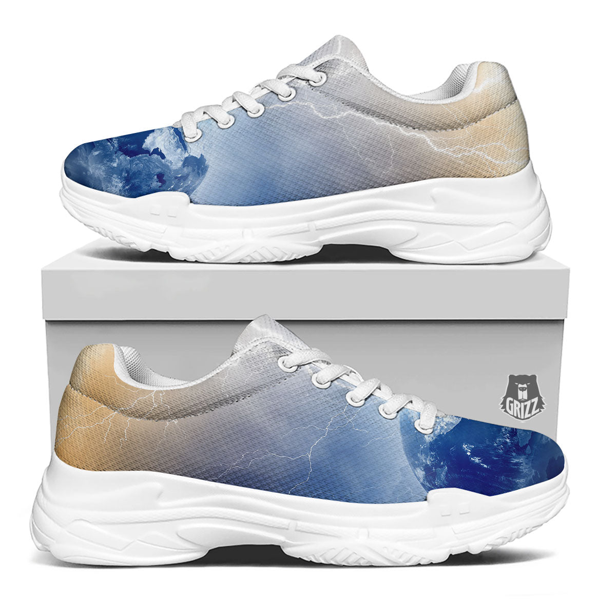 Lightning Destroy Planet Earth Print White Chunky Shoes-grizzshop