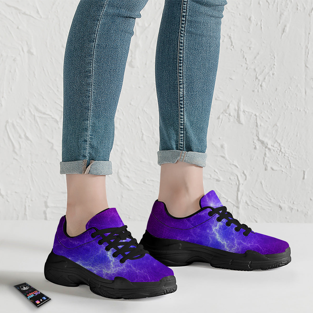 Lightning Purple And Blue Print Black Chunky Shoes-grizzshop