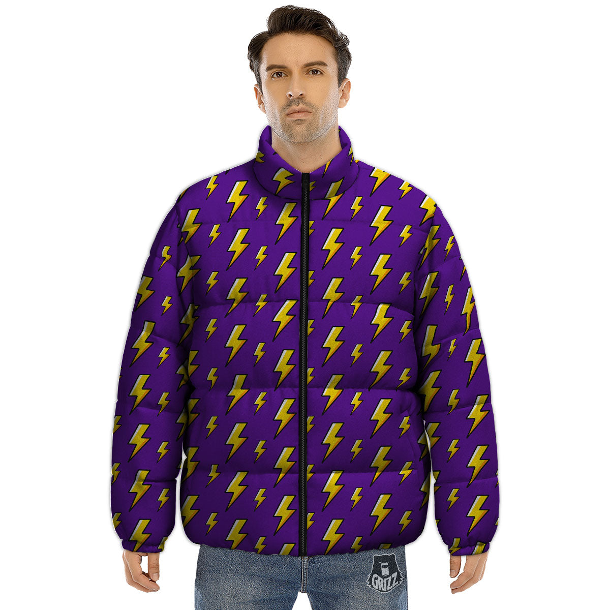 Lightning Purple Print Pattern Puffer Jacket-grizzshop