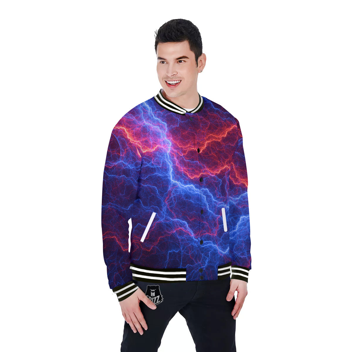 Lightning Red And Blue Print Baseball Jacket-grizzshop