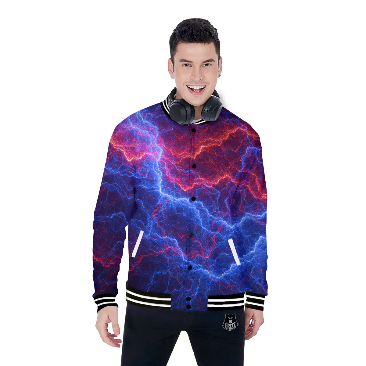 Lightning Red And Blue Print Baseball Jacket-grizzshop