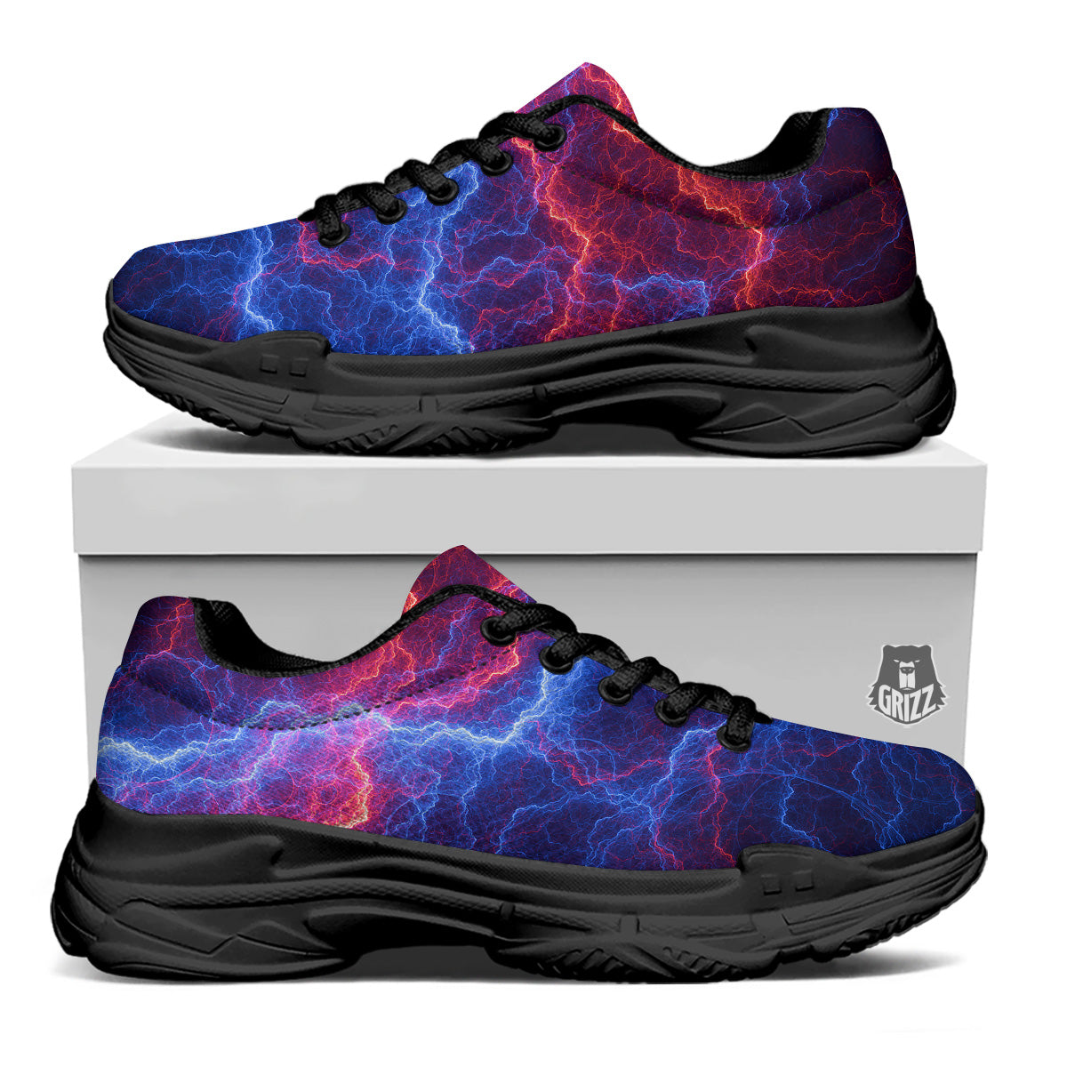 Lightning Red And Blue Print Black Chunky Shoes-grizzshop