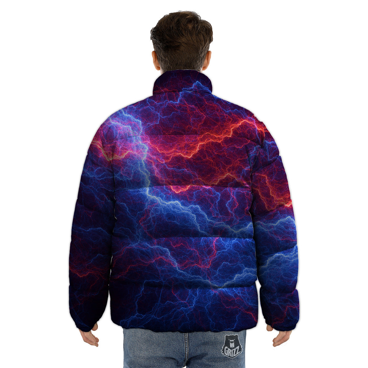 Lightning Red And Blue Print Puffer Jacket-grizzshop