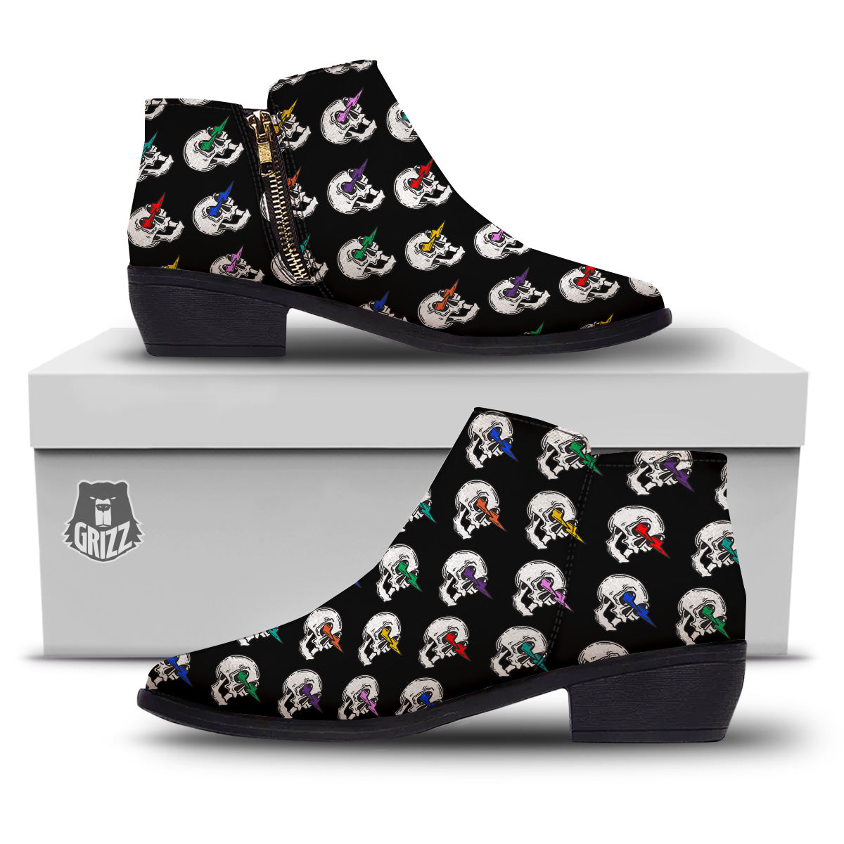 Lightning Skull Print Pattern Ankle Boots-grizzshop