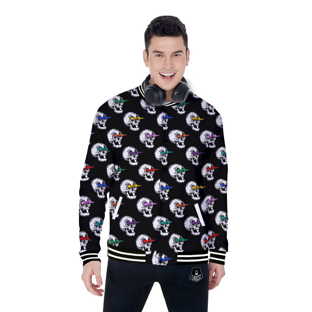 Lightning Skull Print Pattern Baseball Jacket-grizzshop