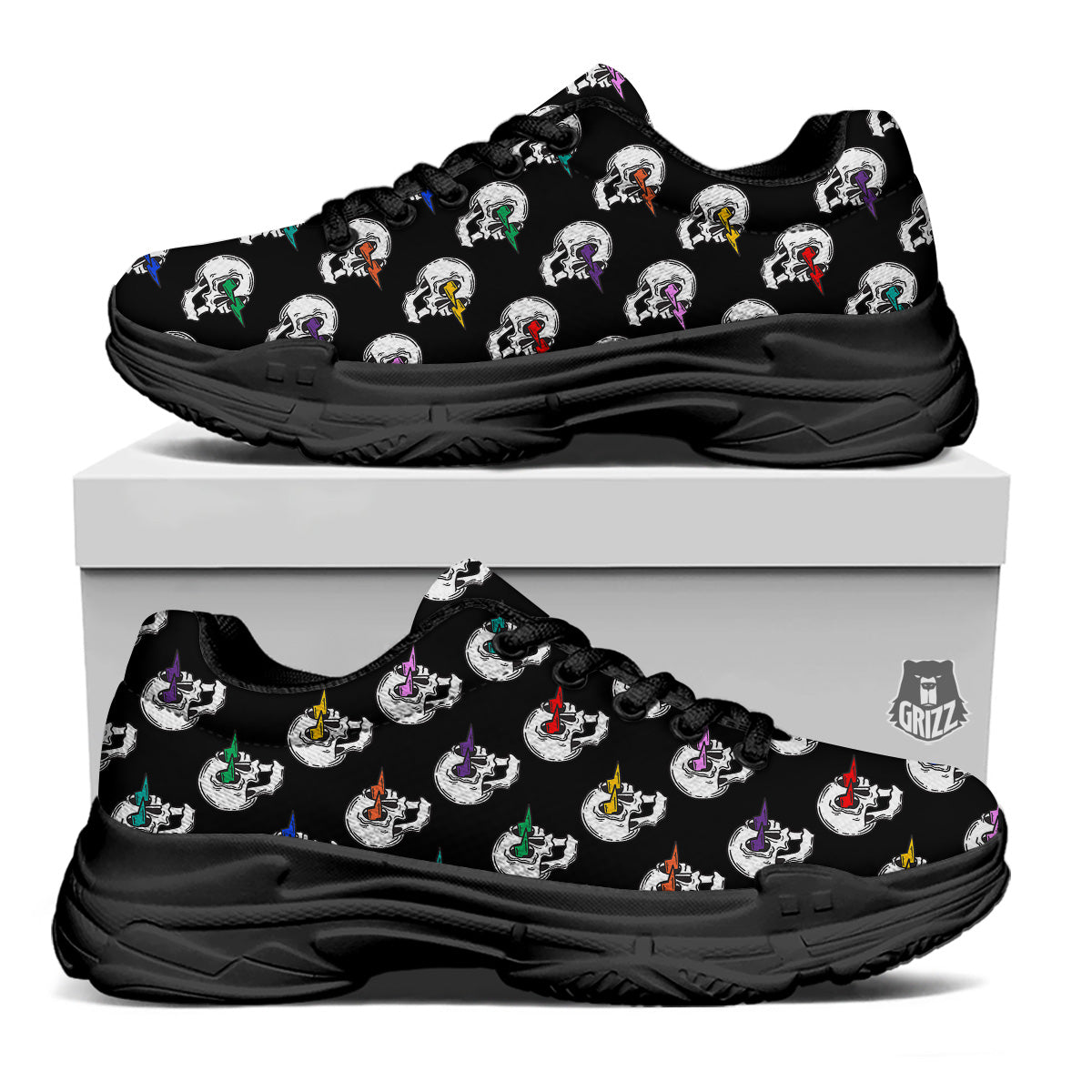 Lightning Skull Print Pattern Black Chunky Shoes-grizzshop
