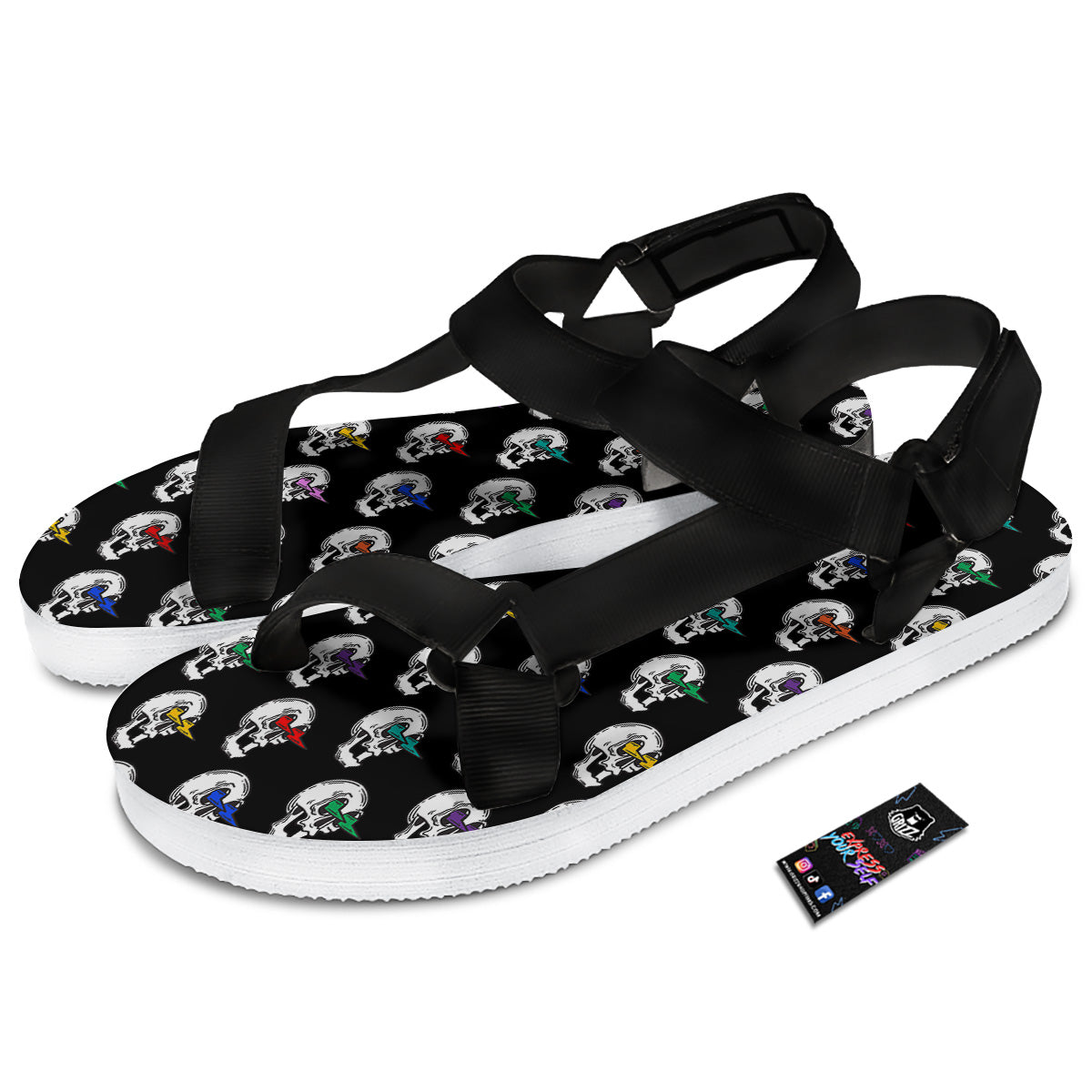 Lightning Skull Print Pattern Black Open Toe Sandals-grizzshop