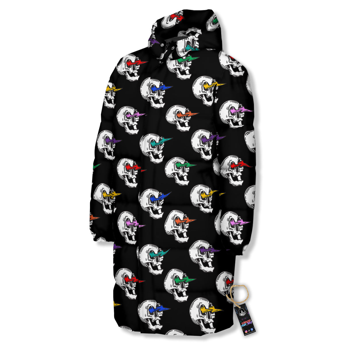 Lightning Skull Print Pattern Long Down Jacket-grizzshop