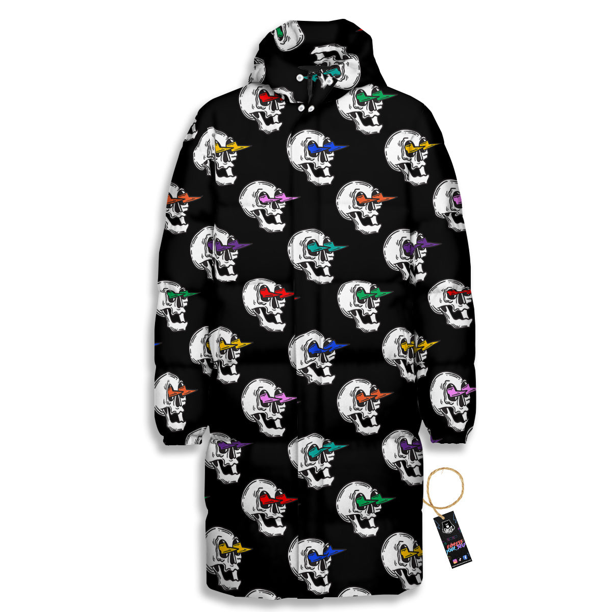 Lightning Skull Print Pattern Long Down Jacket-grizzshop