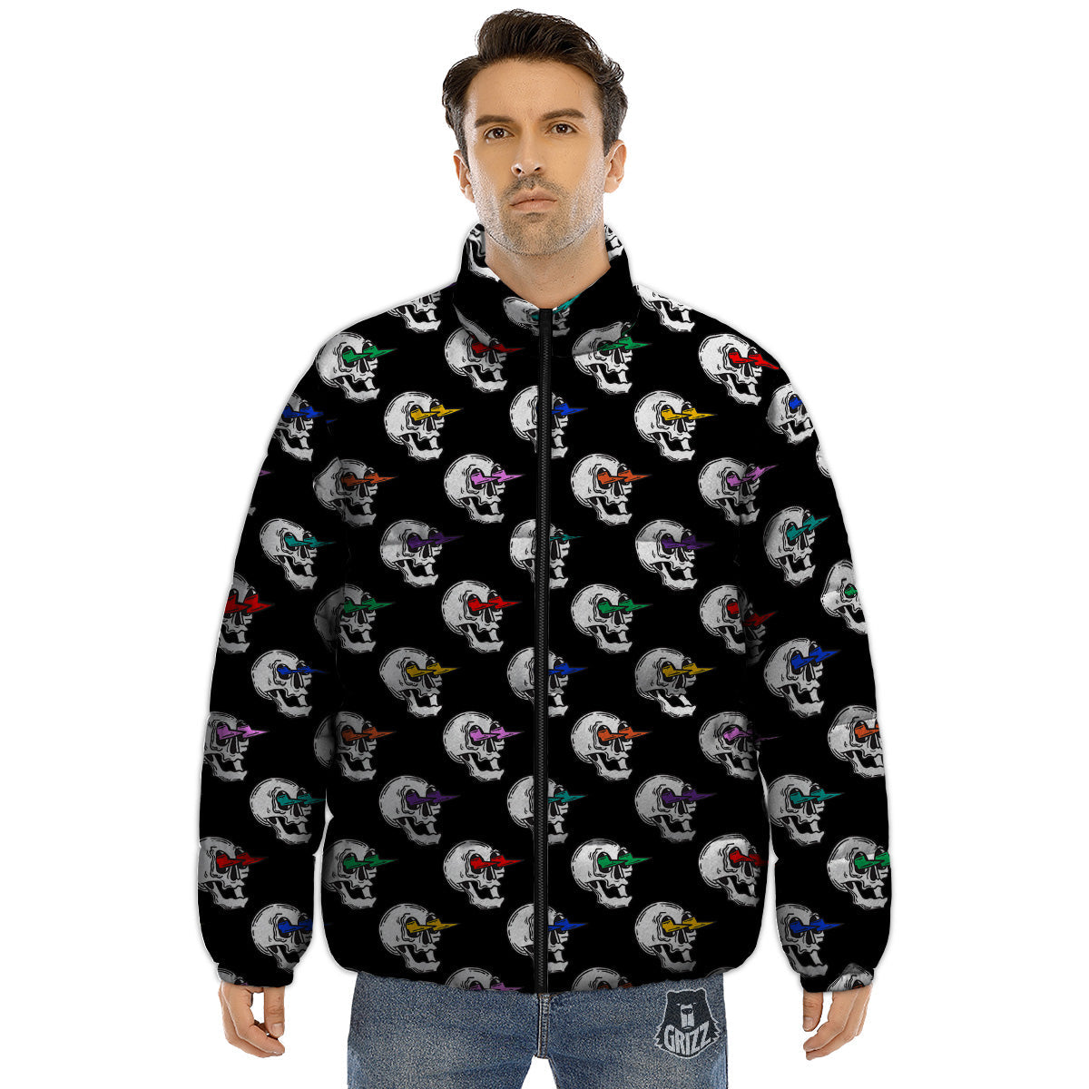 Lightning Skull Print Pattern Puffer Jacket-grizzshop