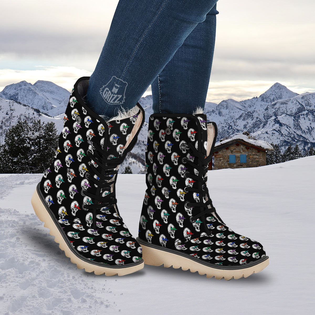 Lightning Skull Print Pattern Snow Boots-grizzshop