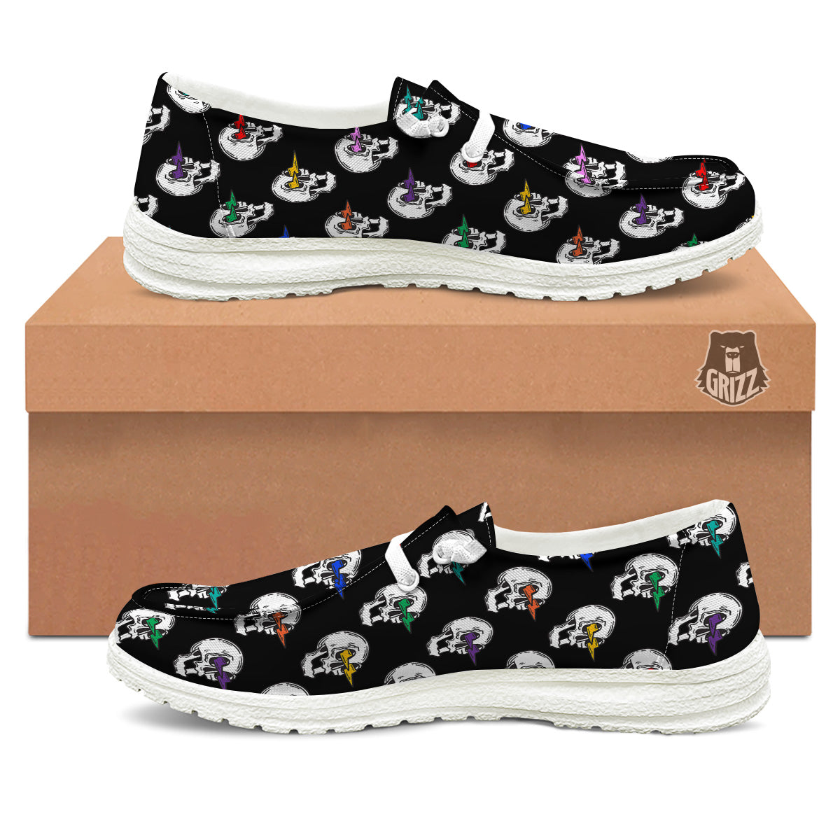 Lightning Skull Print Pattern White Loafers-grizzshop