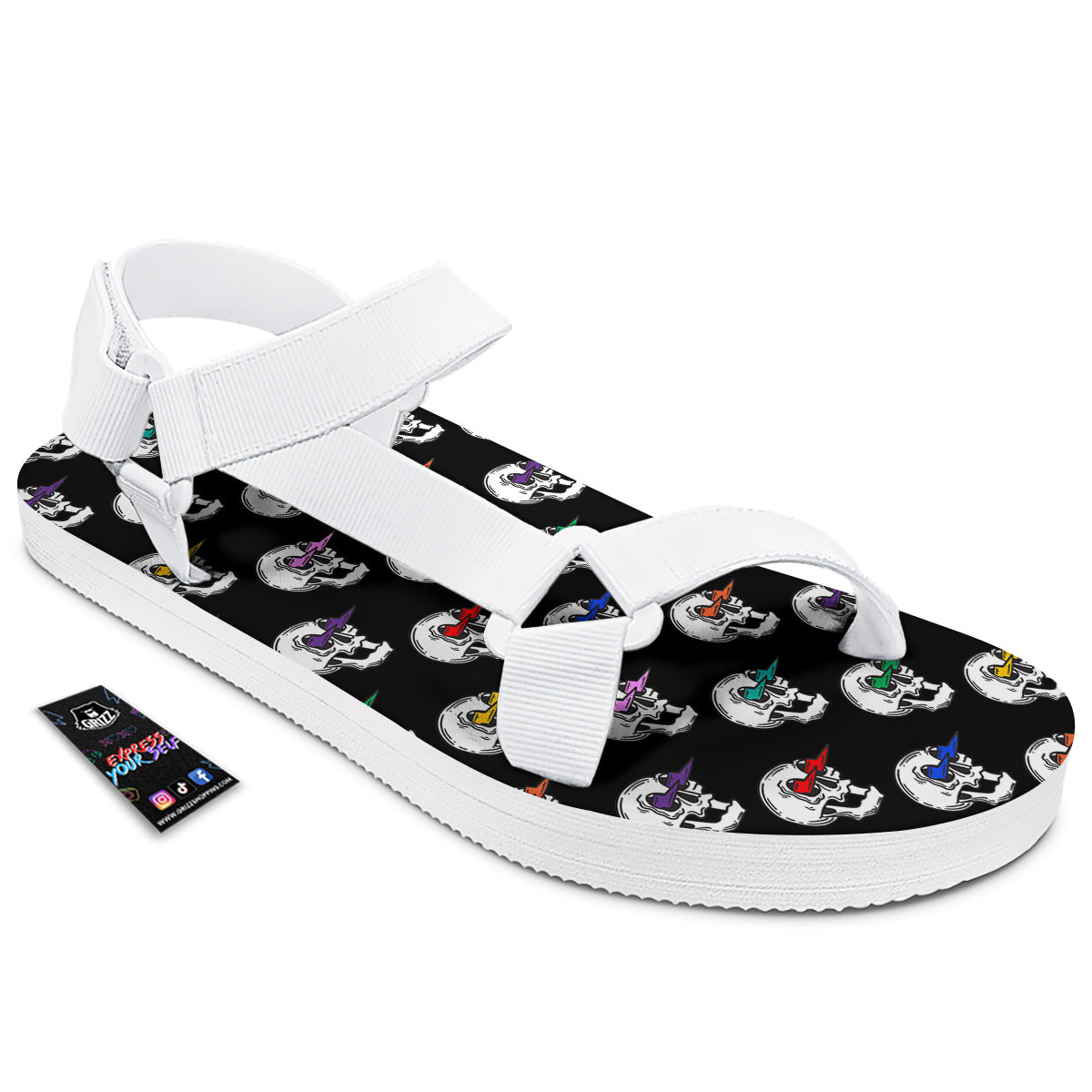 Lightning Skull Print Pattern White Open Toe Sandals-grizzshop