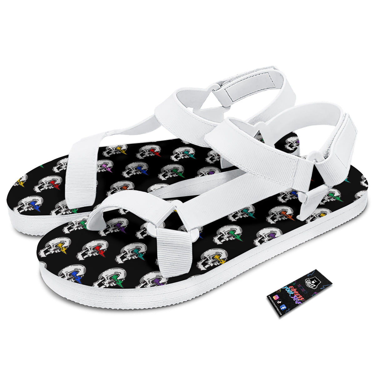 Lightning Skull Print Pattern White Open Toe Sandals-grizzshop