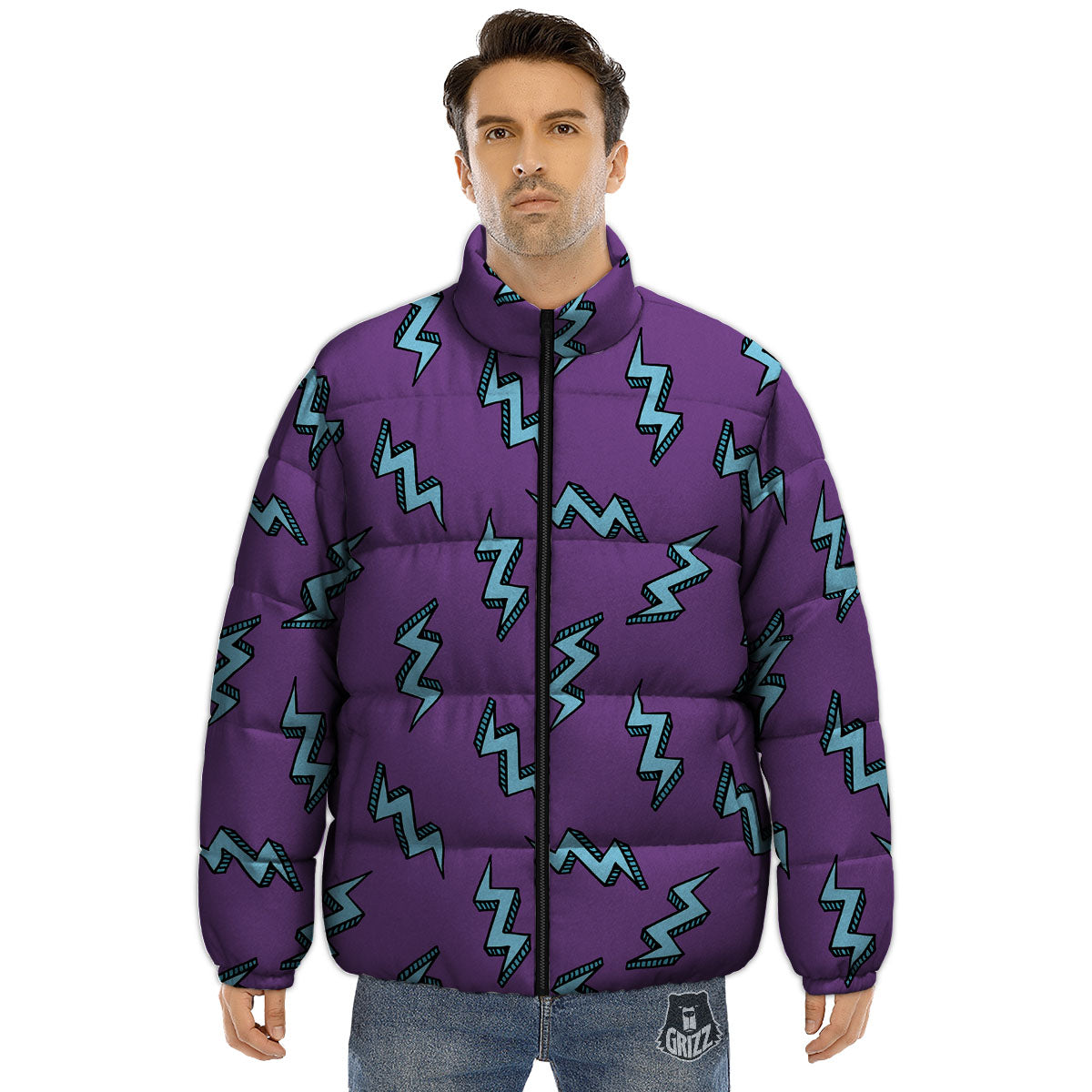 Lightning Teal And Purple Print Pattern Puffer Jacket-grizzshop