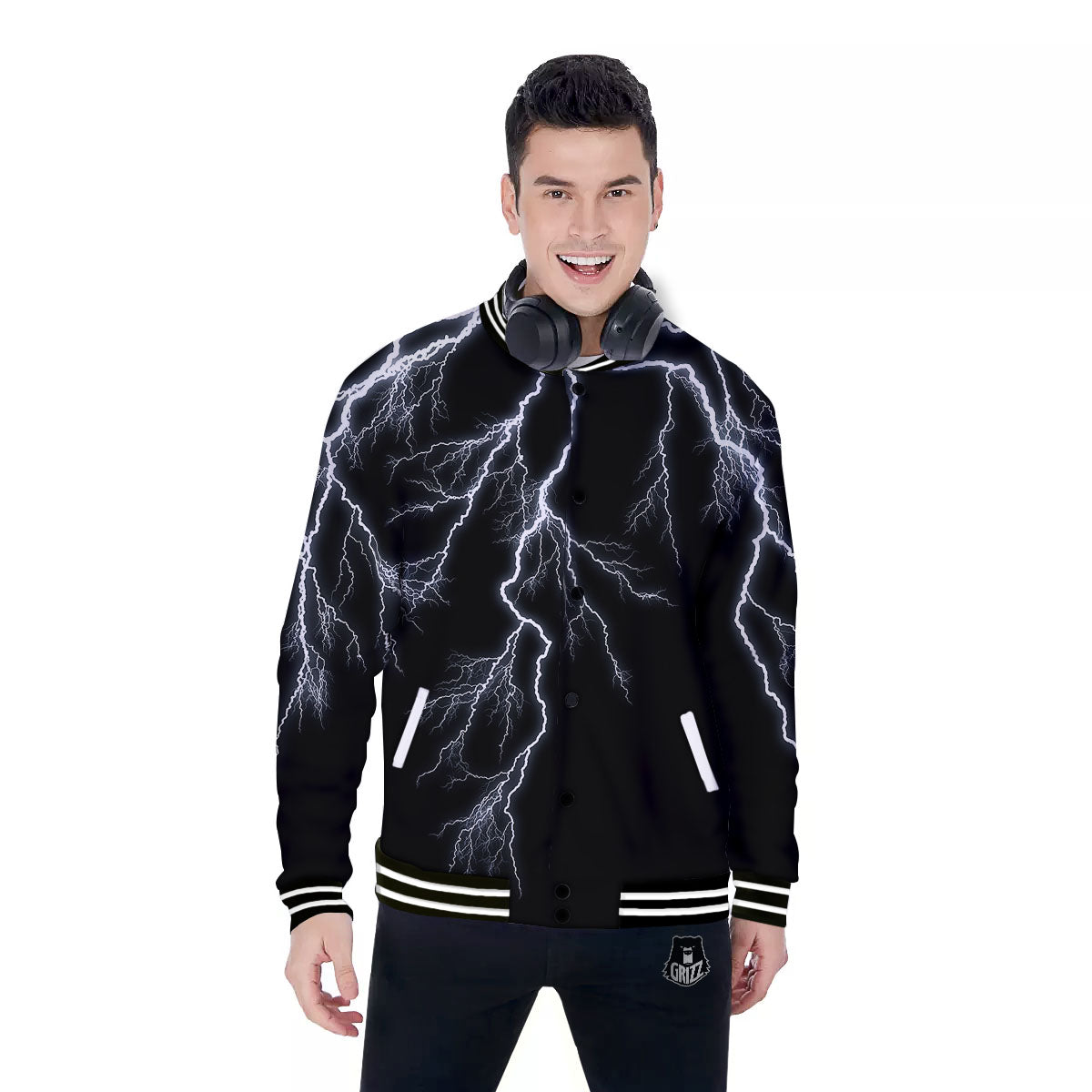 Lightning White Electric Print Baseball Jacket-grizzshop