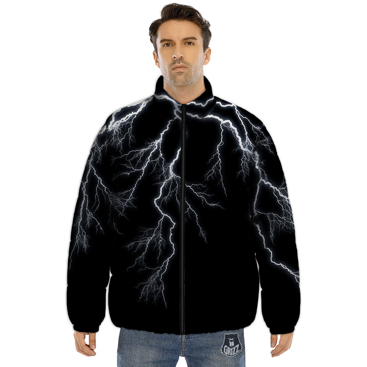 Lightning White Electric Print Puffer Jacket-grizzshop