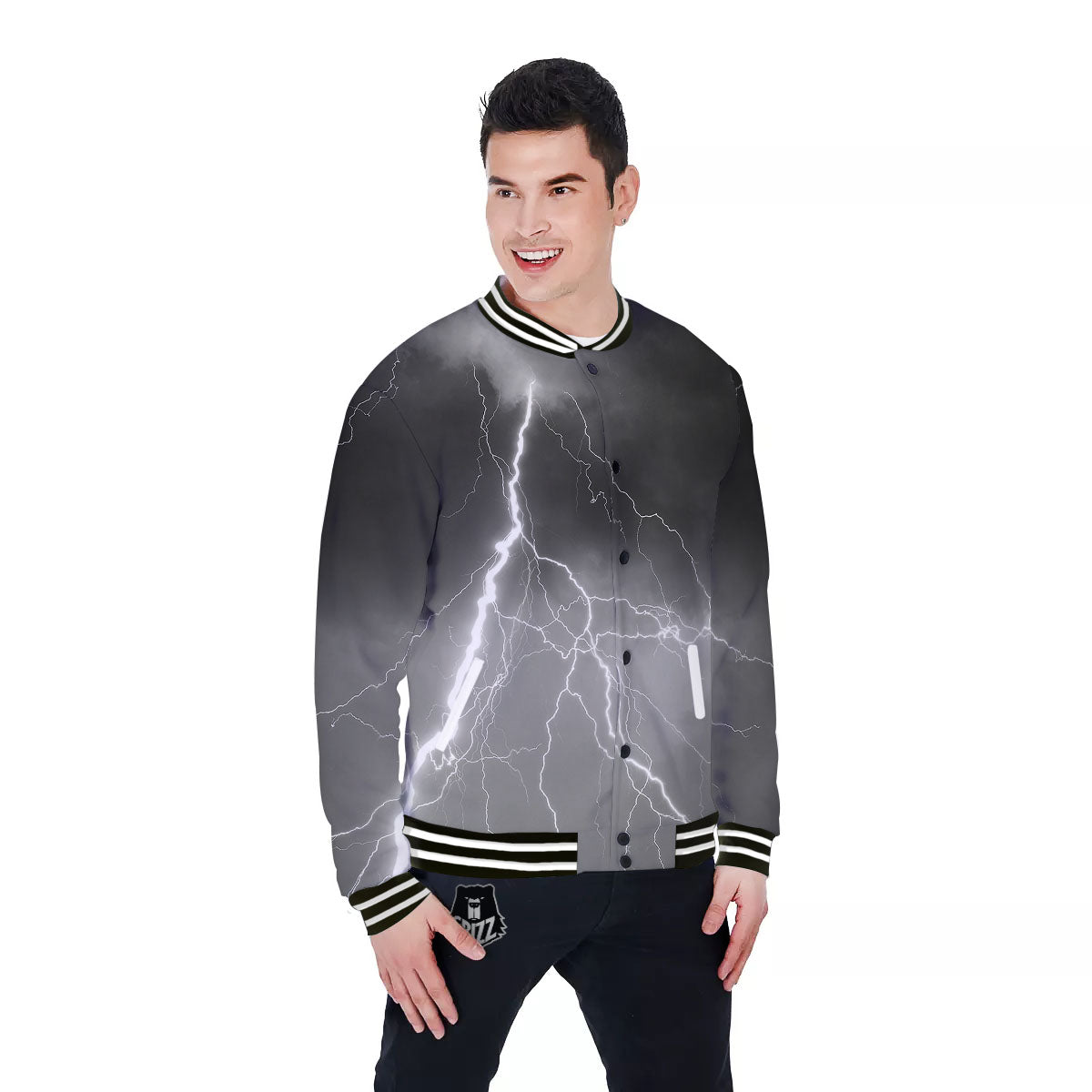 Lightning White Print Baseball Jacket-grizzshop