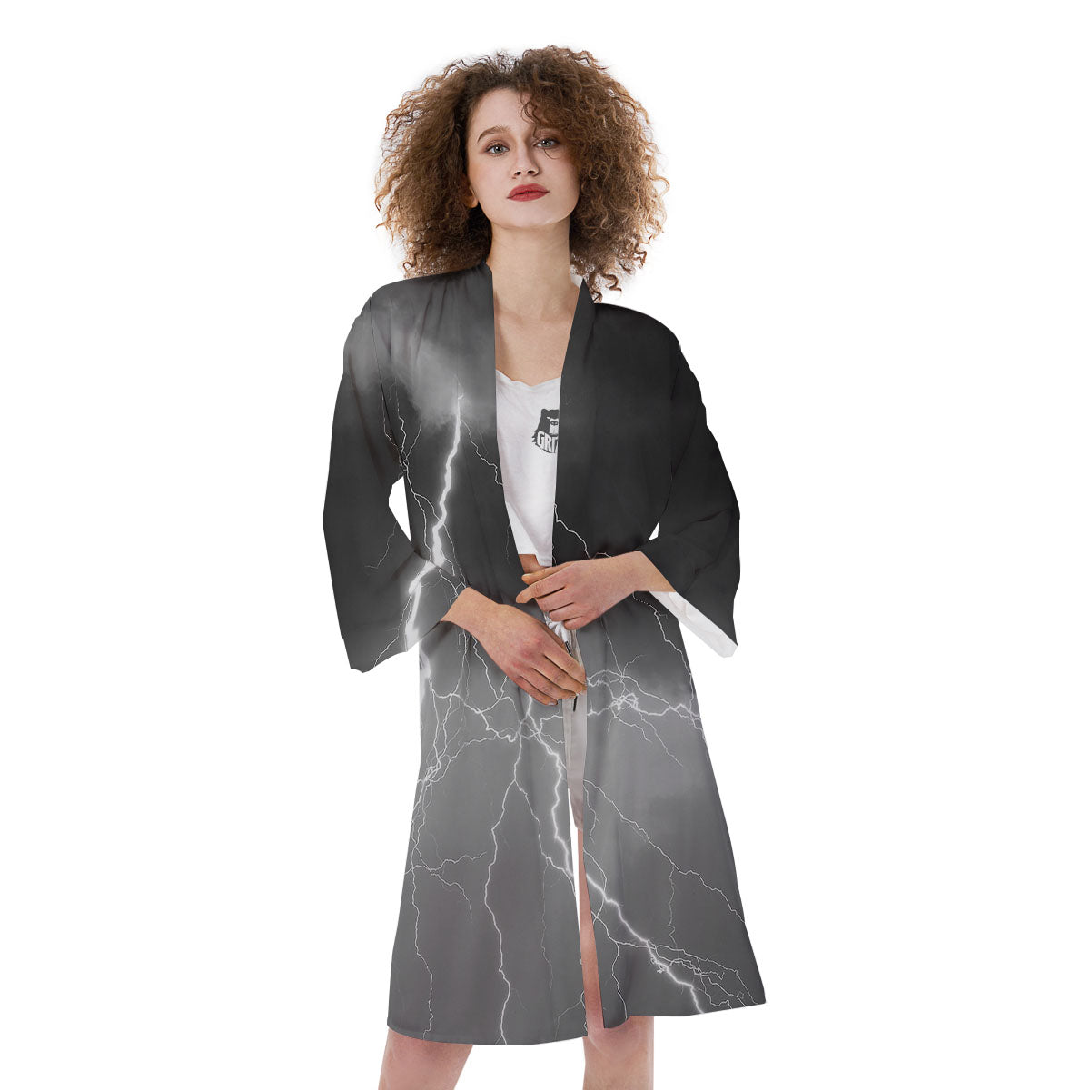 Lightning White Print Kimono-grizzshop