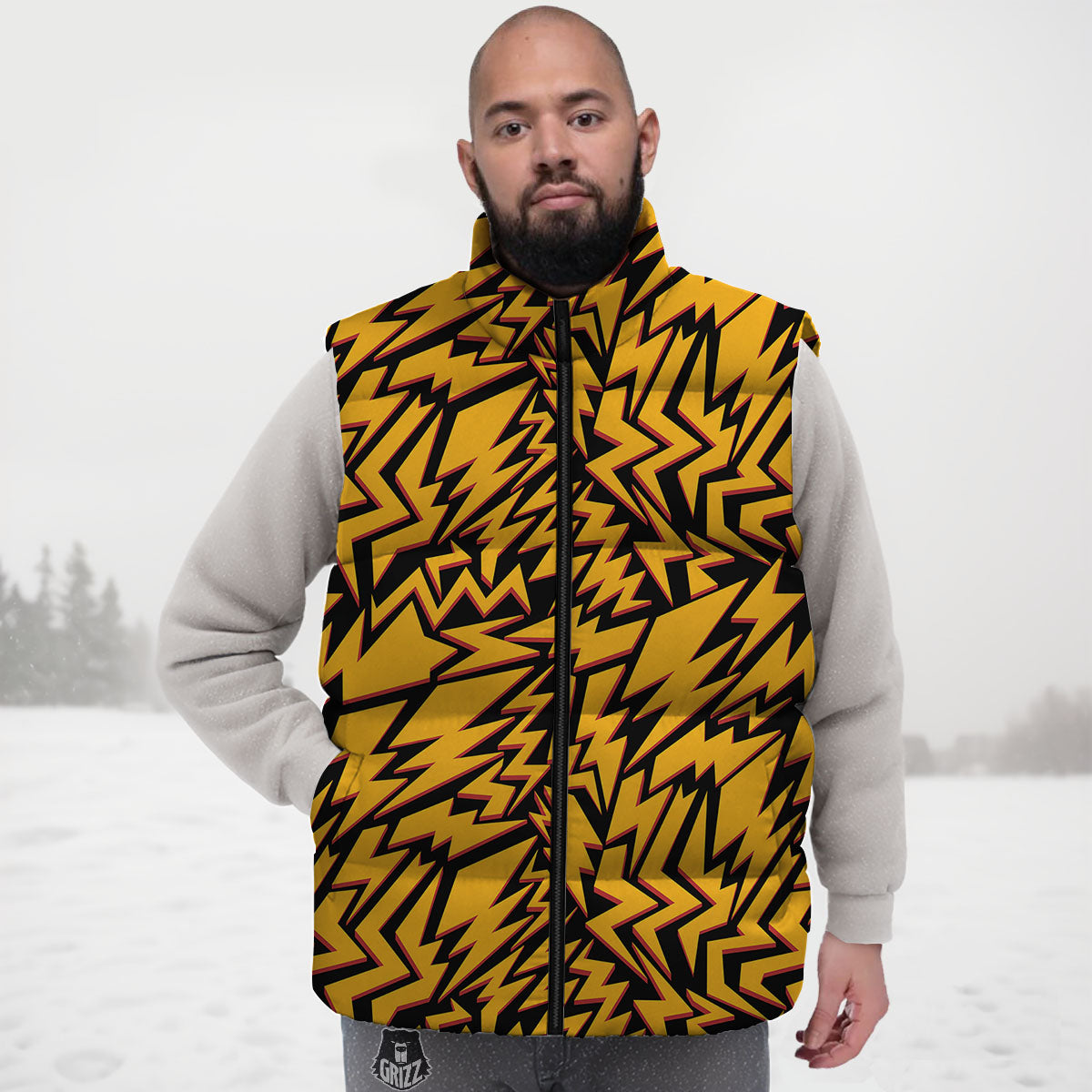 Lightning Yellow And Black Print Pattern Down Vest-grizzshop