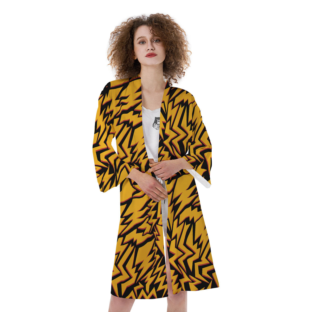 Lightning Yellow And Black Print Pattern Kimono-grizzshop