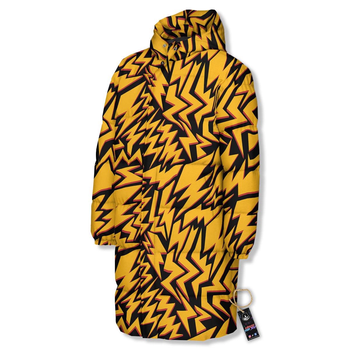 Lightning Yellow And Black Print Pattern Long Down Jacket-grizzshop