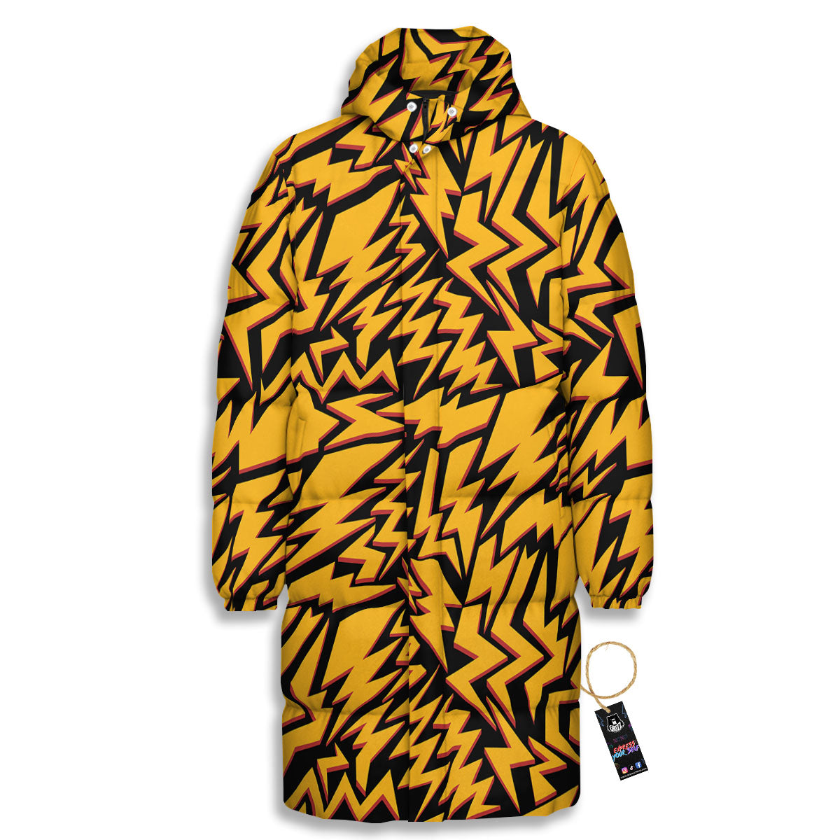 Lightning Yellow And Black Print Pattern Long Down Jacket-grizzshop