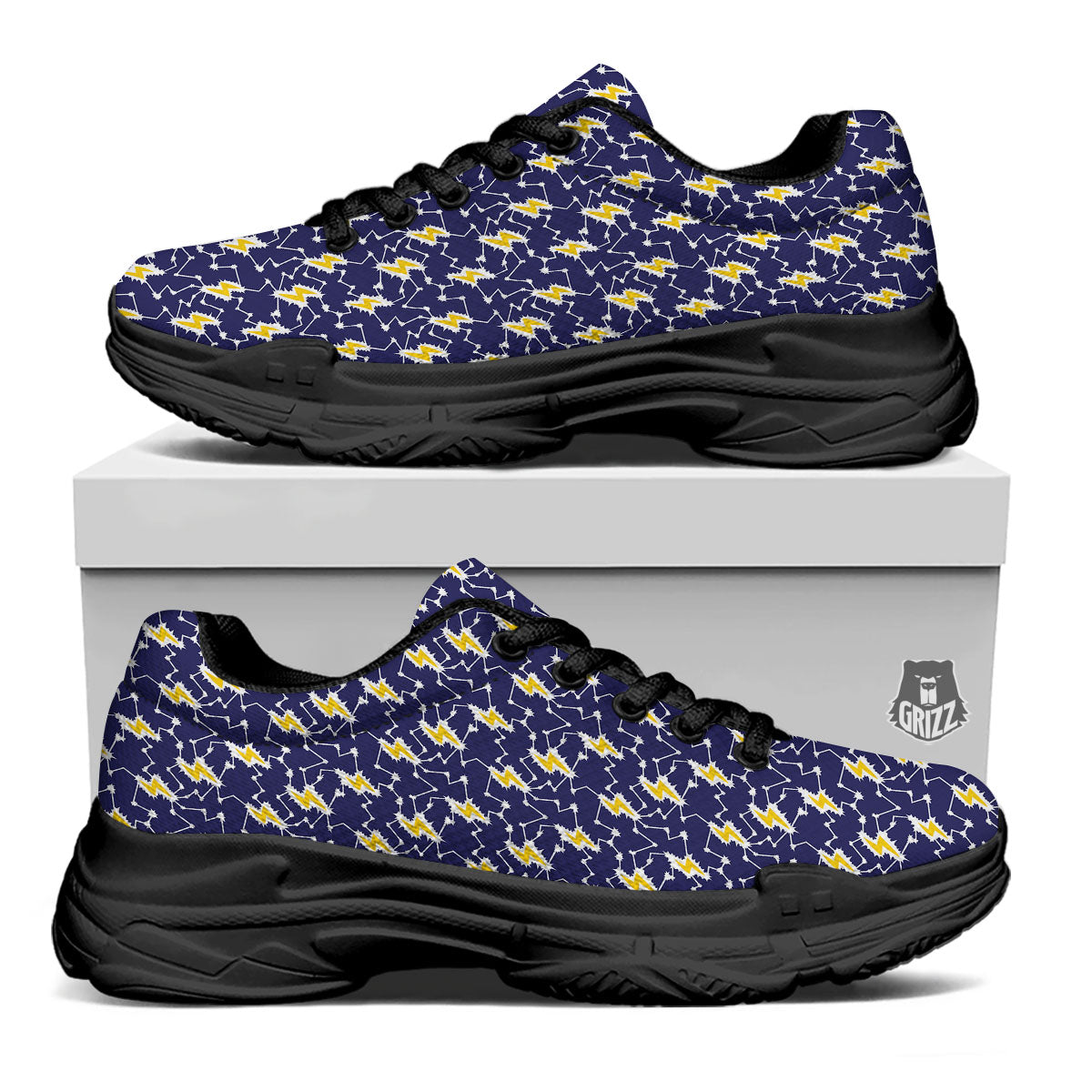 Lightning Yellow And Blue Print Pattern Black Chunky Shoes-grizzshop