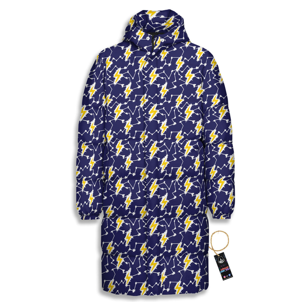 Lightning Yellow And Blue Print Pattern Long Down Jacket-grizzshop