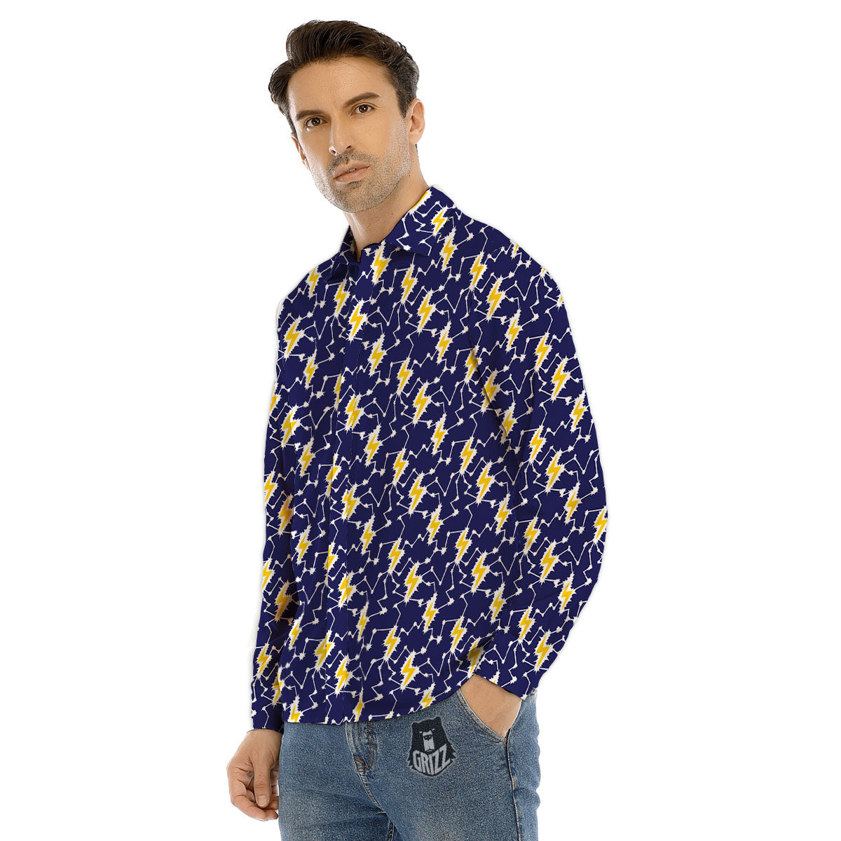Lightning Yellow And Blue Print Pattern Men's Dress Shirts-grizzshop