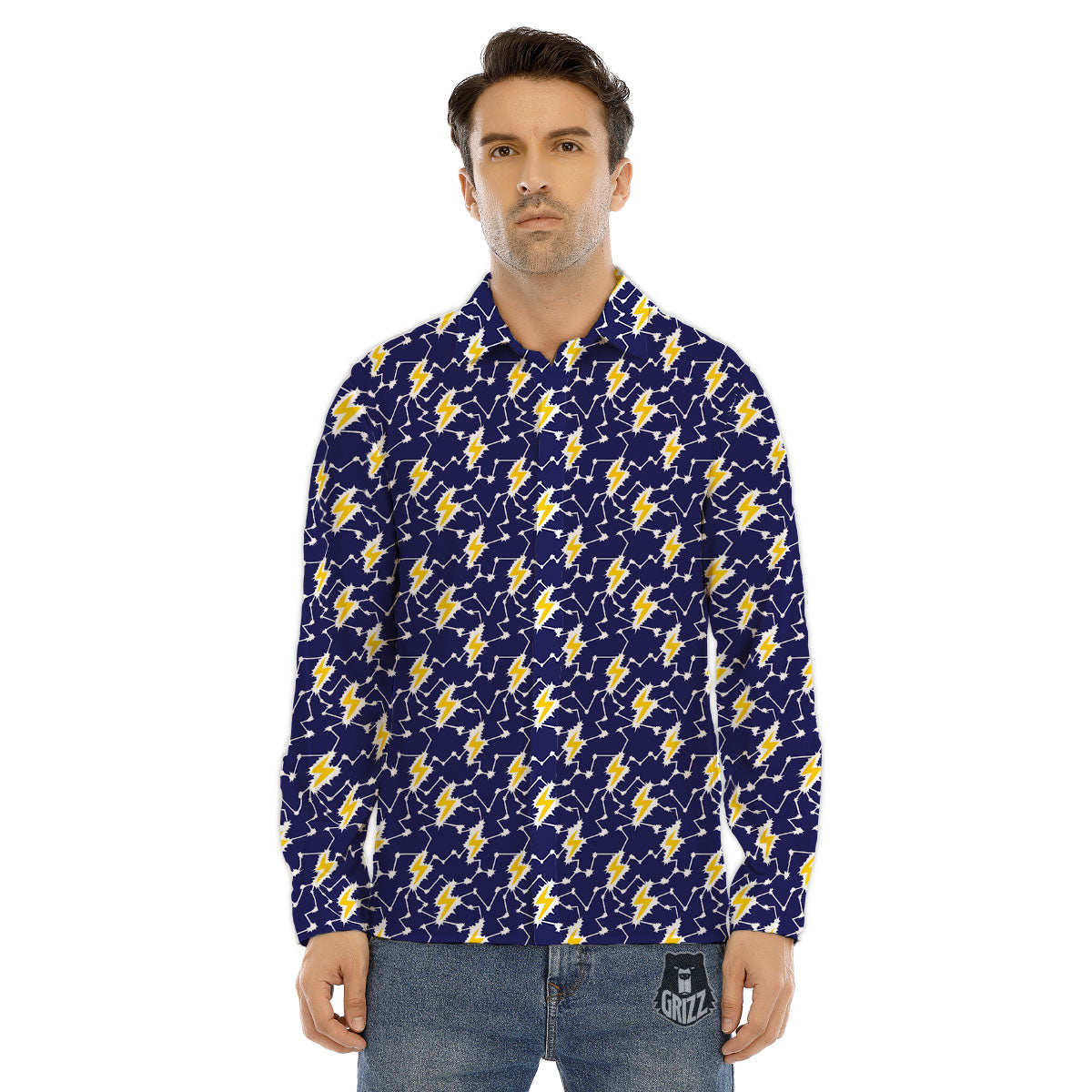 Lightning Yellow And Blue Print Pattern Men's Dress Shirts-grizzshop