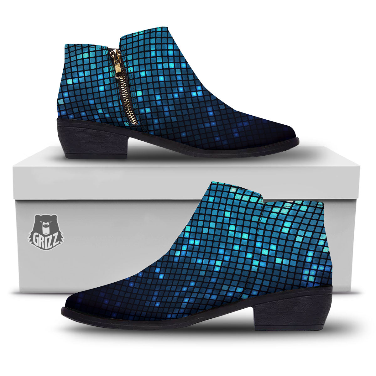 Lights Blue Disco Print Pattern Ankle Boots-grizzshop