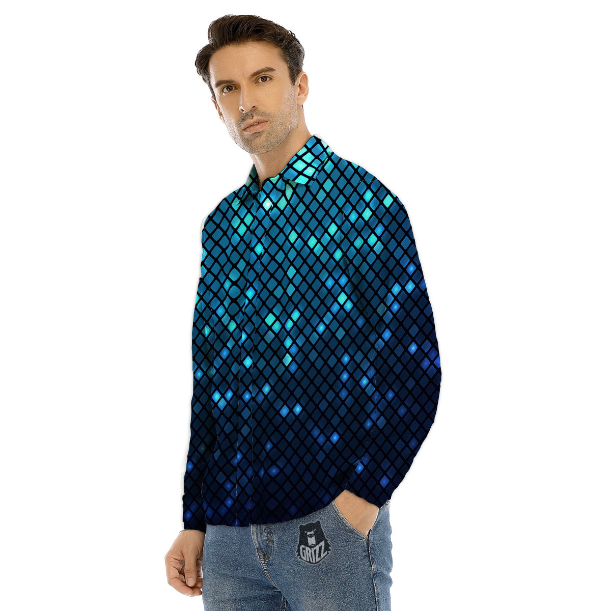 Lights Blue Disco Print Pattern Men's Dress Shirts-grizzshop