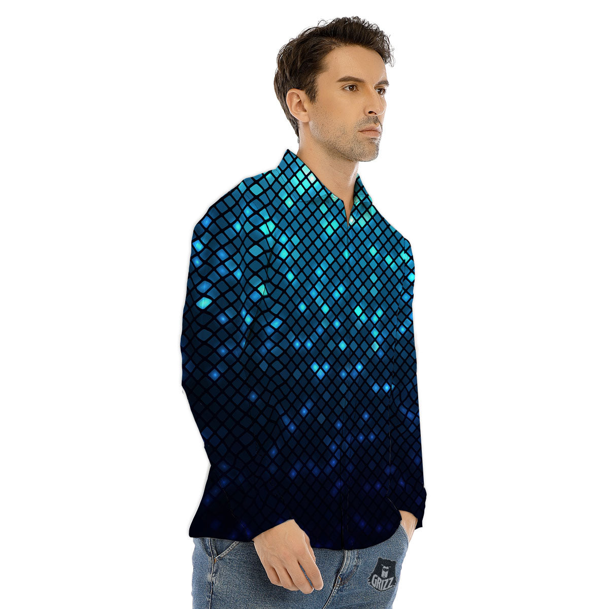 Lights Blue Disco Print Pattern Men's Dress Shirts-grizzshop
