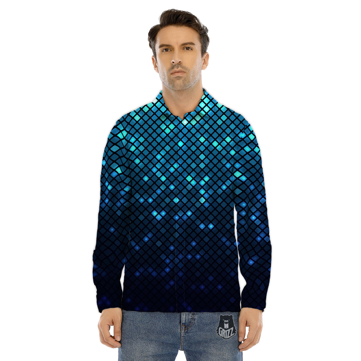 Lights Blue Disco Print Pattern Men's Dress Shirts-grizzshop