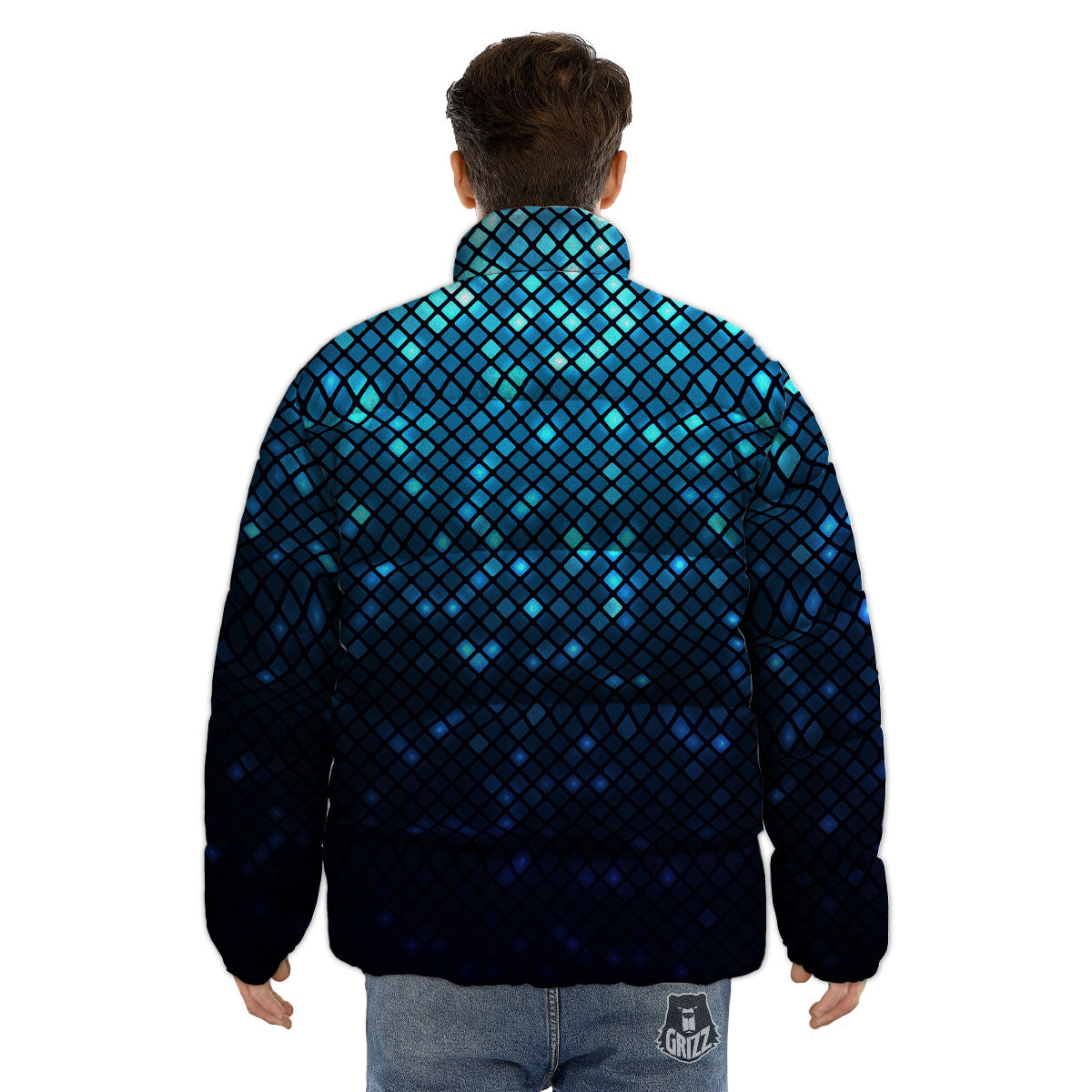 Lights Blue Disco Print Pattern Puffer Jacket-grizzshop