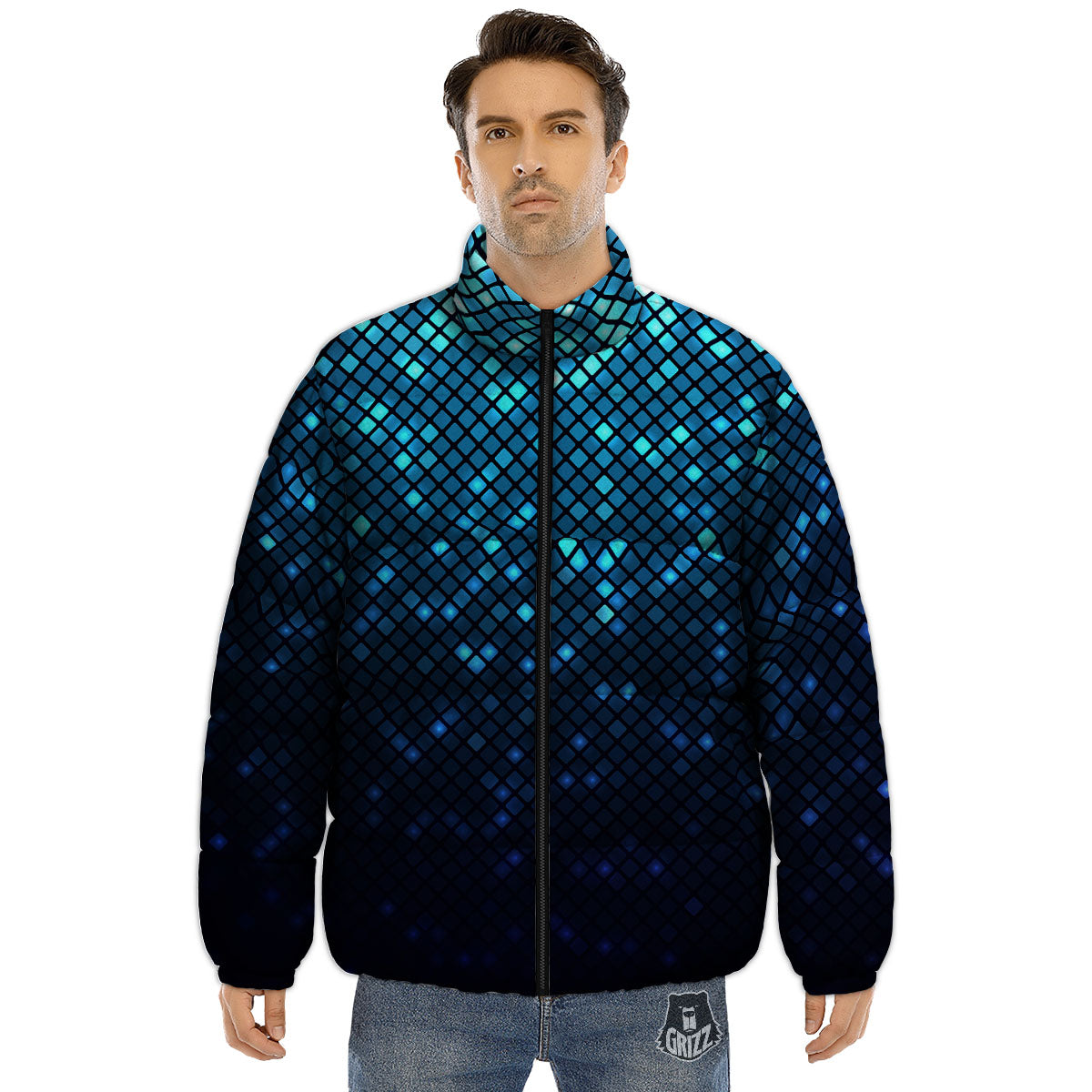 Lights Blue Disco Print Pattern Puffer Jacket-grizzshop