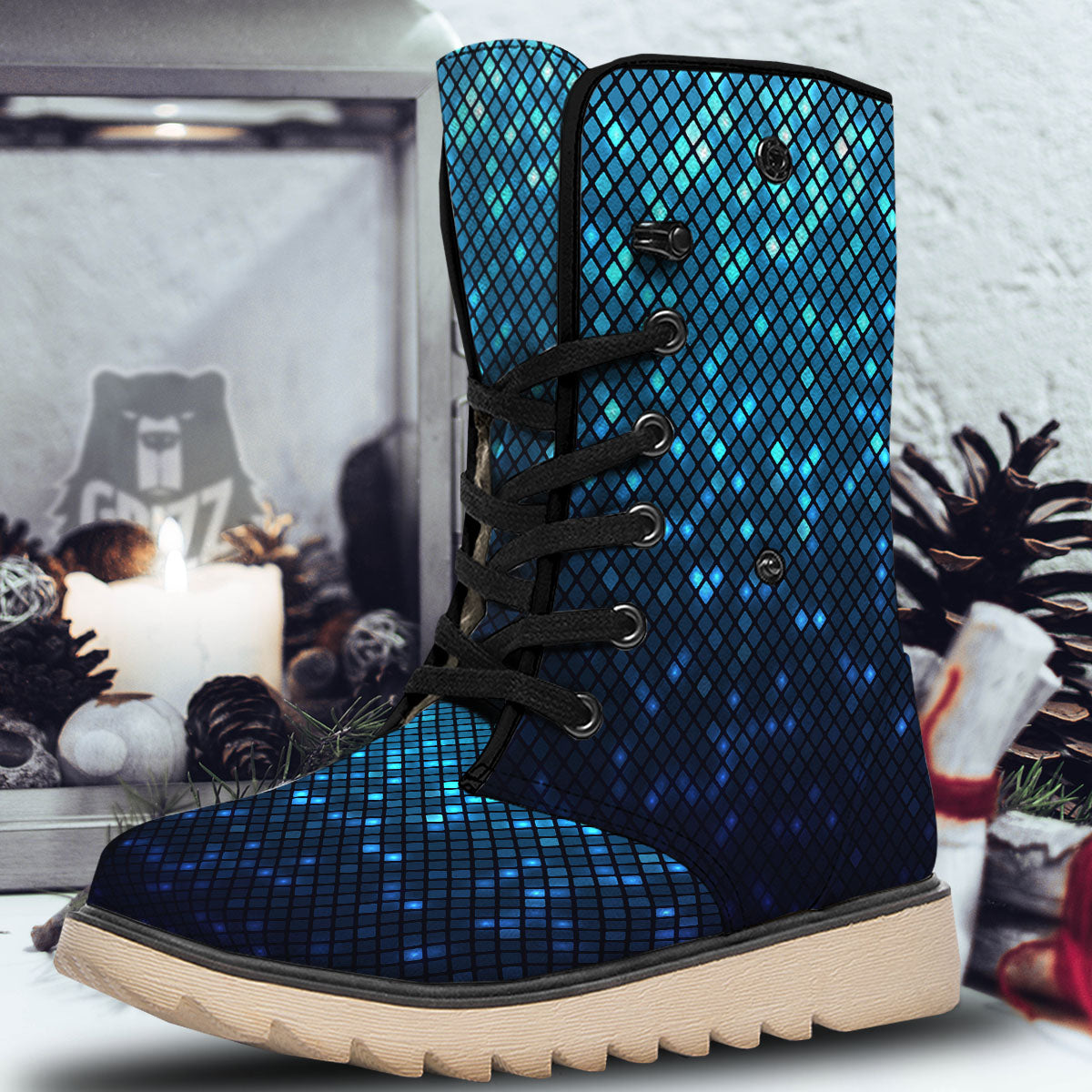 Lights Blue Disco Print Pattern Snow Boots-grizzshop