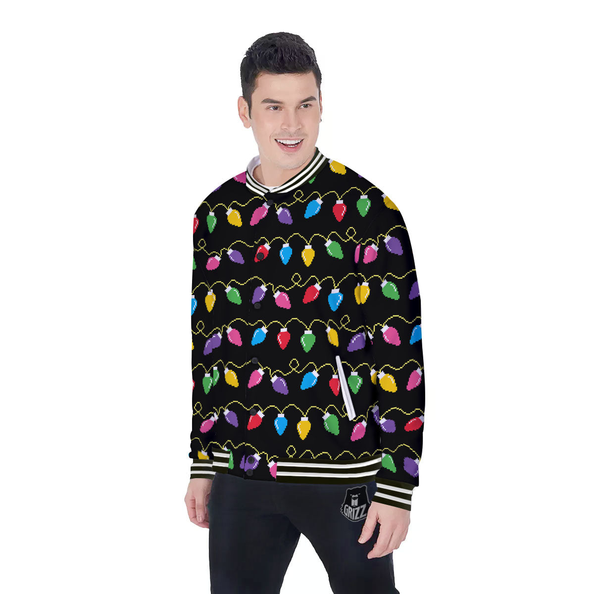 Lights Christmas Pixel Print Pattern Baseball Jacket-grizzshop