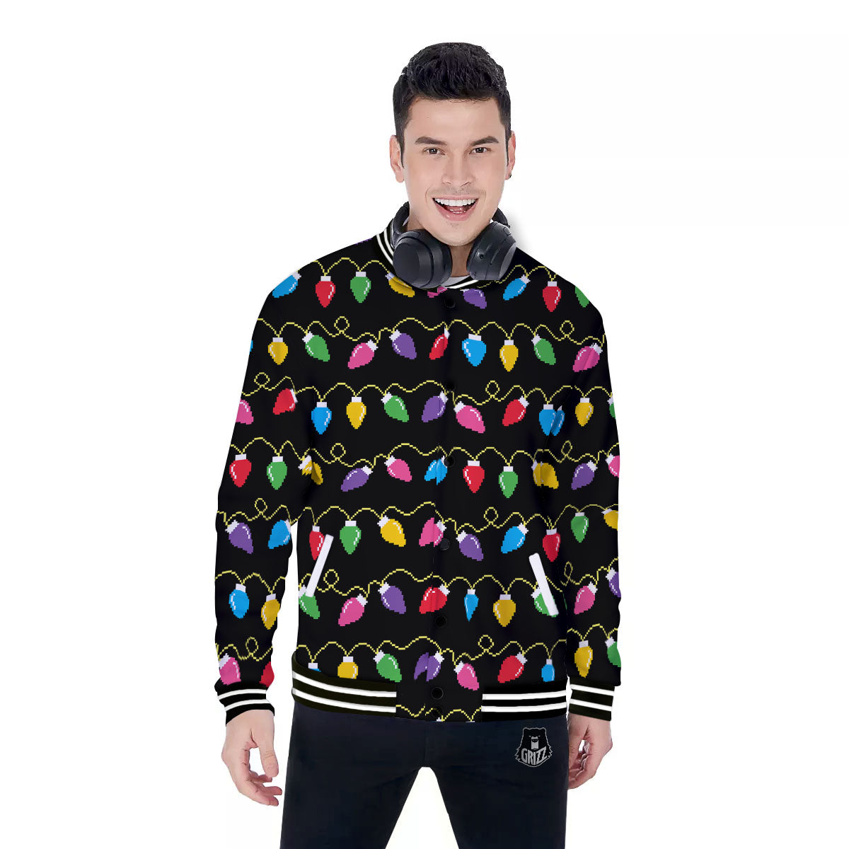 Lights Christmas Pixel Print Pattern Baseball Jacket-grizzshop