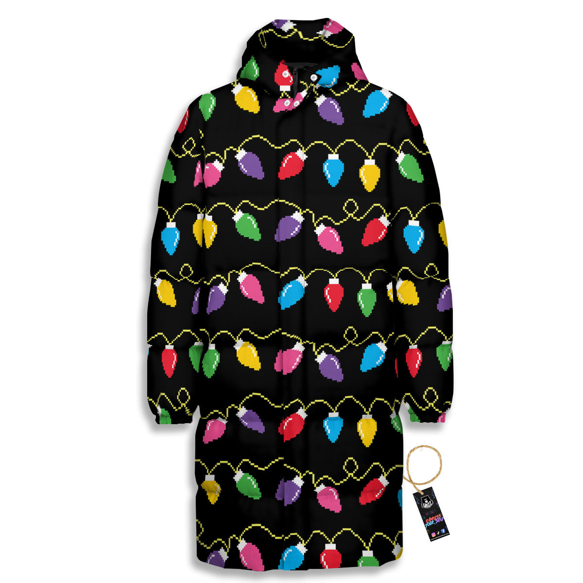 Lights Christmas Pixel Print Pattern Long Down Jacket-grizzshop