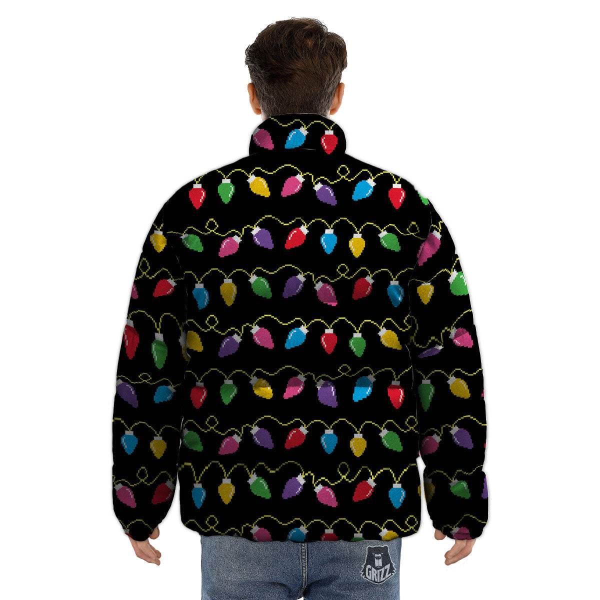 Lights Christmas Pixel Print Pattern Puffer Jacket-grizzshop